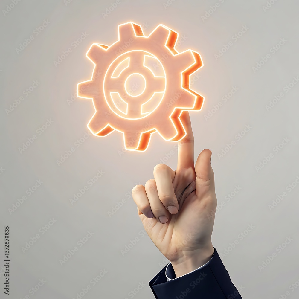 Aufkleber activating automation: person touching a glowing gear icon for system optimization and process manag