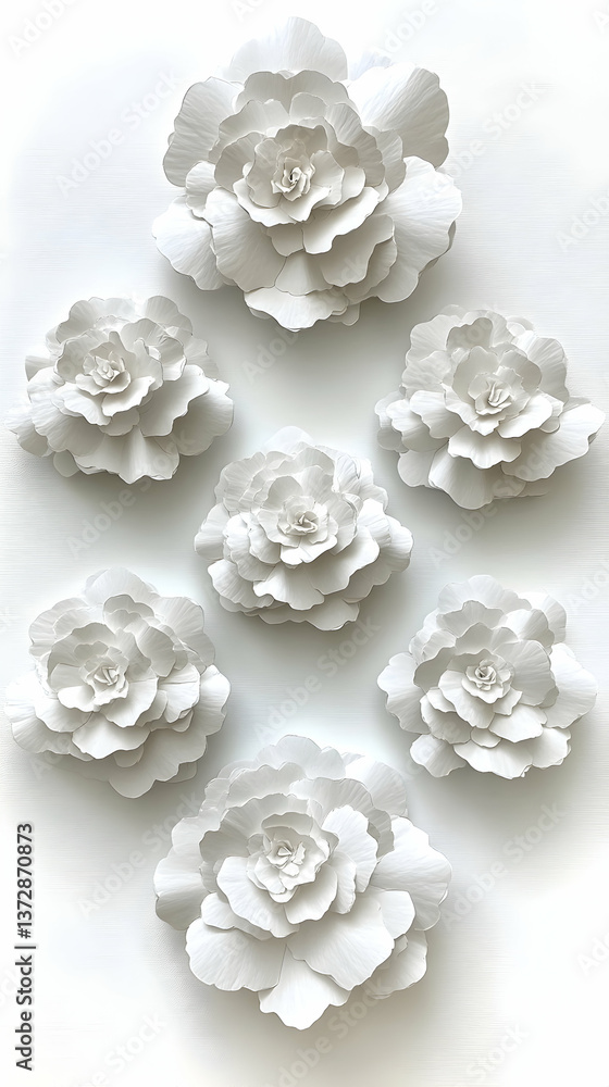 Poster group of seven delicate paper flowers create a elegant display against a pristine white backdrop sho