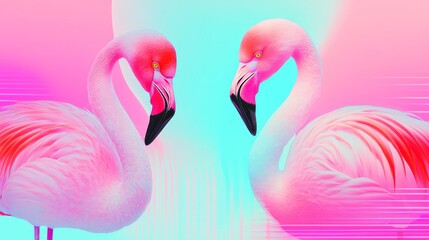 Naklejka premium Two bright pink flamingos stand side by side against gradient backdrop