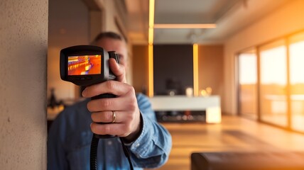 Thermal Inspection: Man scans wall with a thermal imaging device. Heat detection & energy efficiency in home.