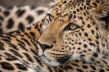 Fototapeta premium Close-up View of a Leopard Resting in the Grassland Generative AI