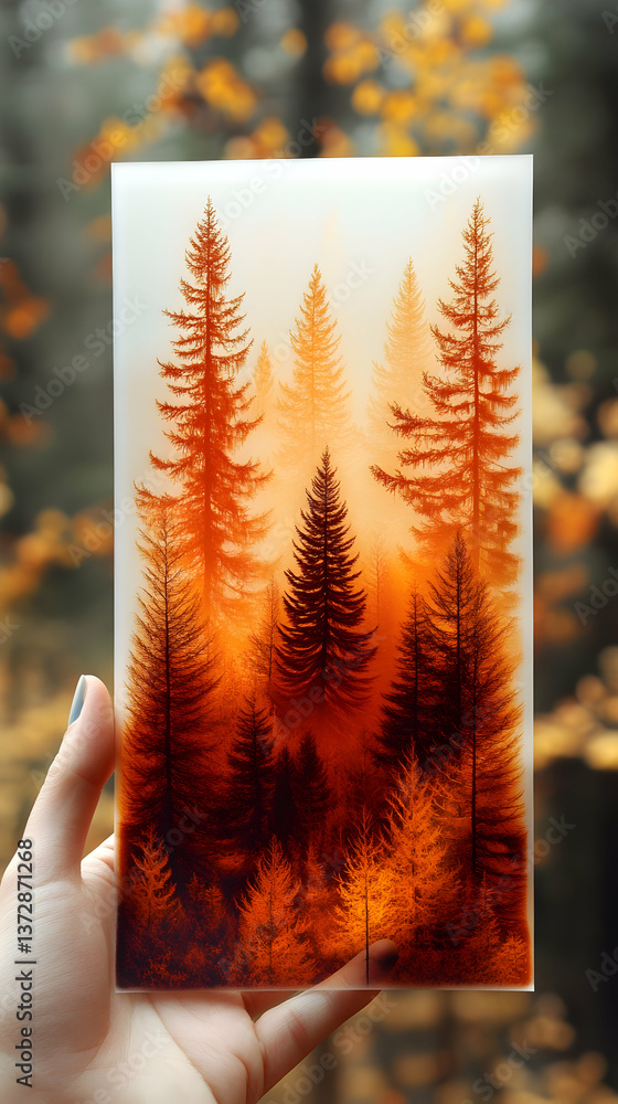 Poster hand holding forest image with tall orange-toned trees in foggy blurred scenery background creating 