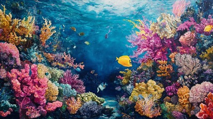 Naklejka premium Underwater scene with colorful coral reefs and fish in a