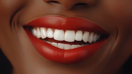 Obraz premium Close-Up of a Woman's Smiling Mouth with Red Lips