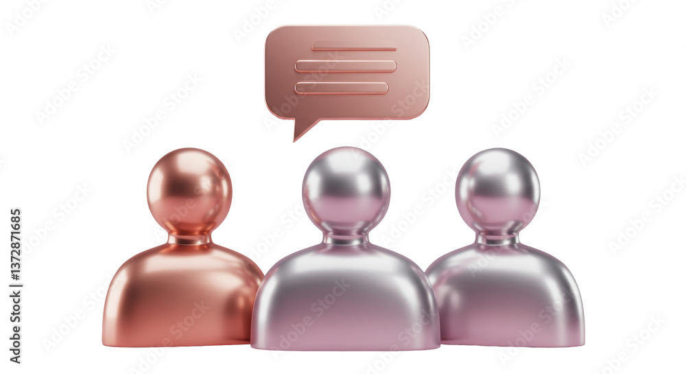 Poster isolated three abstract metallic figures with a speech bubble