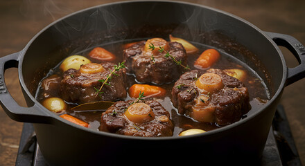 Hearty oxtail stew simmering in a cast iron pot, rustic culinary masterpiece
