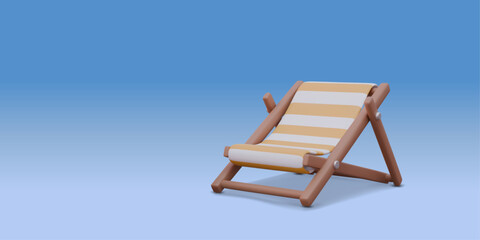 3D Icon Yellow Striped Beach Chair with Shadow. Coastal chaise lounge Summer Time to Travel. Vector stylized illustration