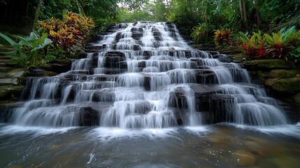 Obraz premium Serene waterfall cascades down rocky steps embraced by lush green forest creating a tranquil and picturesque natural s