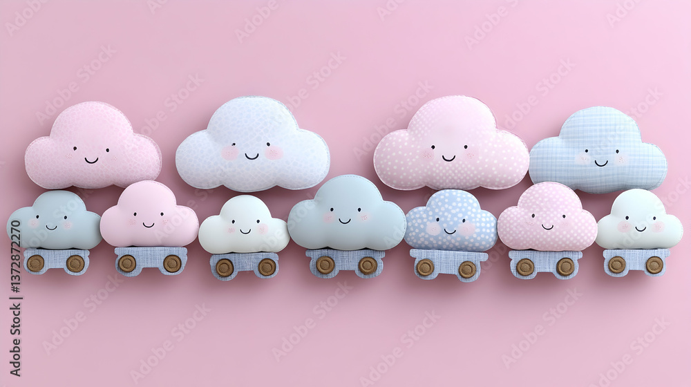 Poster happy clouds ride on little trains in a row against a soft pink background soft colors and shapes cr