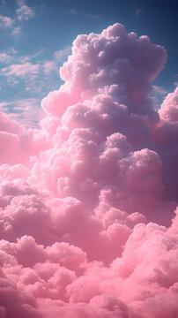 An immersive vista of pink cumulonimbus clouds and some blue peeking through A dreamy scene with soft gradients and tex