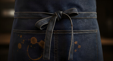 Detailed denim barista apron showcases coffee stains and back tie detail