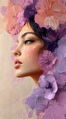 Painted portrait of a woman in profile adorned with pink and purple flowers with thick brushstrokes texture