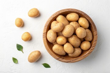 Freshly Harvested Small Potatoes in a Wooden Bowl Generative AI