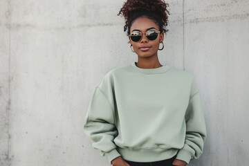Black afro american woman wearing a light green mockup oversized crewneck blank sweatshirt in front of a concrete wall in the street 