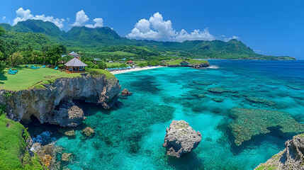 Panoramic vista of a tropical island showcasing a lush cliffside tranquil turquoise waters and mountainous backdrop un