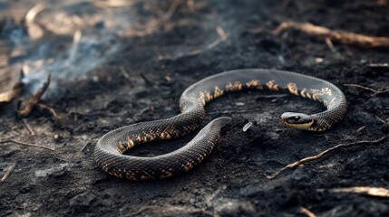 Obraz premium A snake slithering over blackened soil, highlighting the adaptations of certain wildlife species to post-wildfire environments,