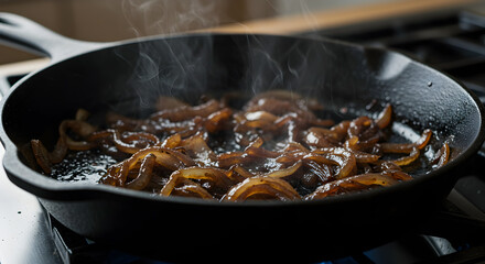 Sizzling sweetness: Caramelized onions simmer in a cast iron skillet for delightful flavor