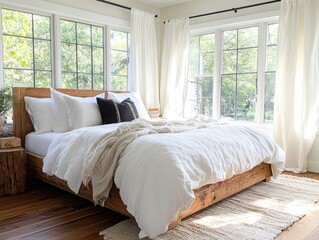 Fototapeta premium Bright and Cozy Bedroom with Natural Light and Minimalist Decor