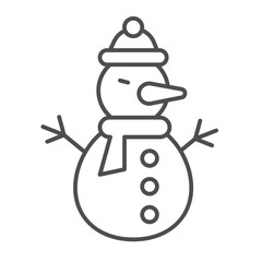 Snowman with scarf and hat thin line icon, happy christmas concept. Vector graphics. Snow ball humanoid man, kids joy sign on white background, outline style icon for mobile or web design.