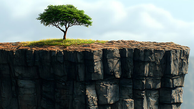 Single tree atop grassy cliff rocky face descends Cloudy sky Serene vista featuring natures resilience