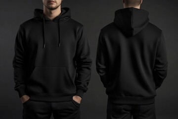 Black male sweatshirt set template isolated. Man sweatshirts set with mockup and copy space. Hoody design. Hoodie front and back view. Closeup