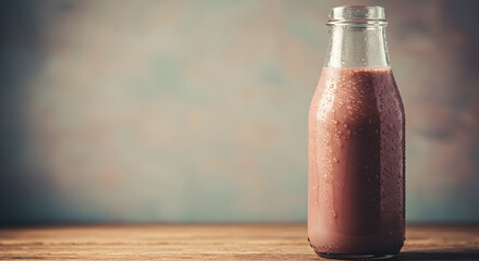 Retro Glass Bottle of Cold Chocolate Milk with Condensation on Wooden Table