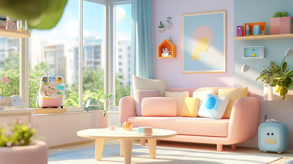 cozy living room with pastel furniture and natural light