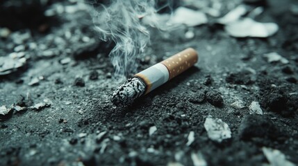 Obraz premium A Smoked Cigarette Butt Lies on Dark Ashy Ground Outdoors A Close Up Image Showing Smoke Still Rising