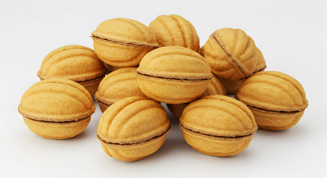 Stacked walnut-shaped cookies with sweet cream filling on a white backdrop