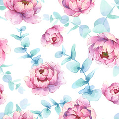 Seamless watercolor peony and eucalyptus pattern on white background