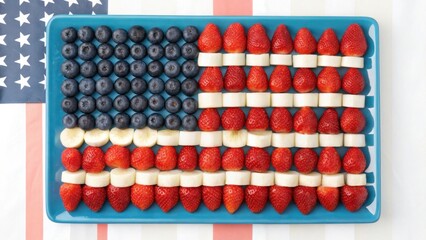 4th of July Party Ideas Fruit arrangement resembling the American flag, using strawberries,...