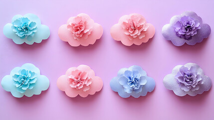 Fototapeta premium Pastel clouds adorned with flowers Dreamy soft colors on a purple backdrop Whimsical and calming