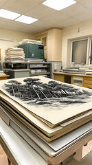 Artwork with monochromatic tree line on paper stack in a bright room with other paper and equipment