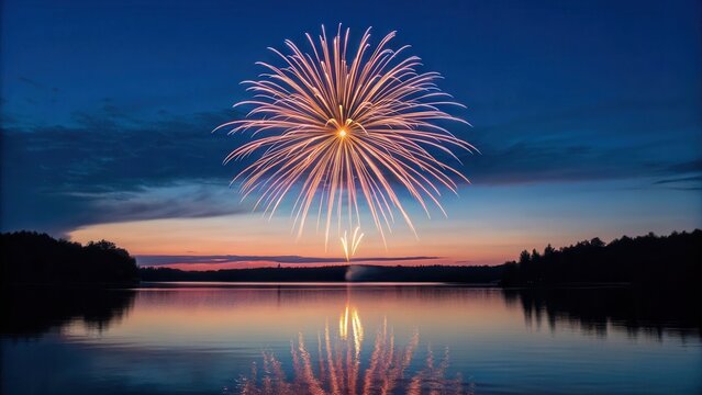 4th of July Party Ideas Majestic fireworks burst over a tranquil lake at sunset, reflecting vibrant colors on the water's surface.
