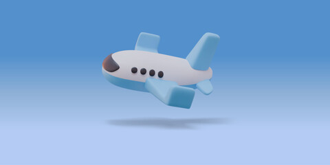 3D Stylized Airplane. Travel Concept, Transport object. White Plane with Blue Wings. Time to Travel. Vector illustration on gradient background