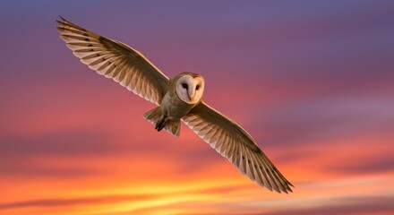 Fototapeta premium Barn Owl in Flight at Sunset - A barn owl soars gracefully against a vibrant sunset sky, wings outstretched in mid-flight