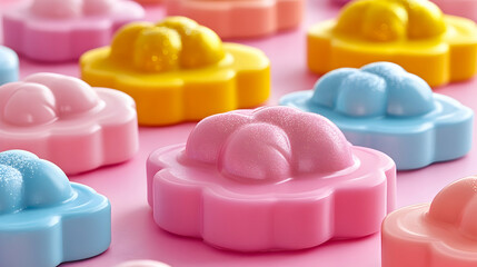 Pastel flower shaped mounds arranged on a pink surface Yellow pink orange and blue colors are scattered evenly