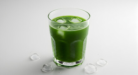 Refreshing chilled green juice with ice cubes against a pristine backdrop