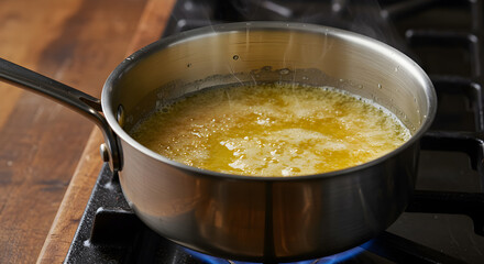 Browning butter in a stainless steel saucepan on a gas stove for culinary use