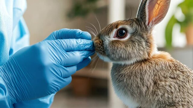 Veterinarian in Blue Gloves Provides Close Up Examination of Rabbit, Highlighting Animal Care and Healthcare in Cozy Environment
