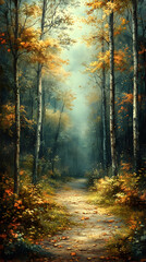 Fototapeta premium Autumn path between trees with yellow leaves leads through misty forest Leaves scattered along the path with some flowe