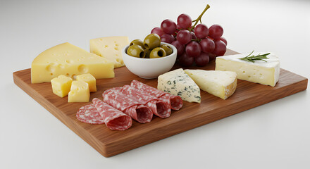 Artisan charcuterie board showcasing diverse cheeses, salami, grapes, and olives