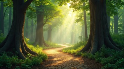 Obraz premium Sunlight Path Through Lush Green Forest, Forest, Natural Landscape, Path