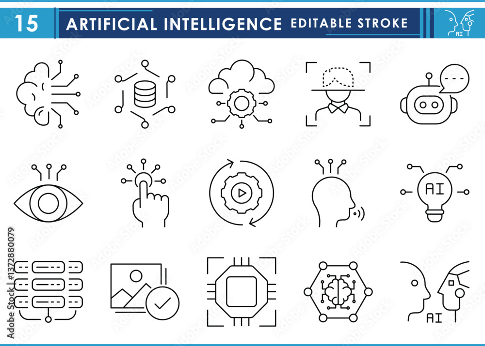 Poster a set of line icons related to artificial intelligence. chatbot, robot, machine learning, innovation