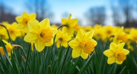 Fototapeta premium Springtime Daffodil Field in Sunlight - Vibrant yellow daffodils bloom in a lush green field under a bright blue sky, symbolizing renewal, hope, springtime joy, new beginnings, and nature's beauty