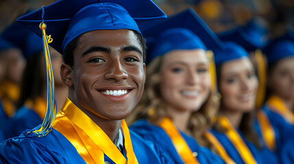 Joyful African American Graduate in Blue Gown and Cap Surrounded by Fellow Students During Graduation Ceremony with Natural Lighting