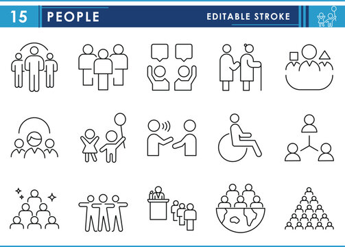 A set of line icons related to People. Diverse, culture, working people, connection, disabled, elderly, talk, and so on. Vector editable stroke.