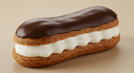 Delicious chocolate ?clair filled with creamy vanilla filling ready to indulge
