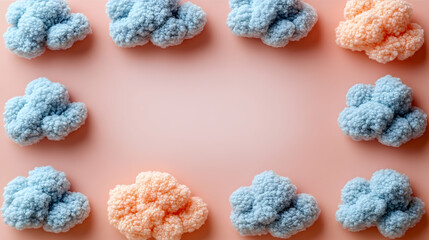 Soft fluffy textured clouds are arranged around a peach background creating a dreamy frame Soft and inviting evokes