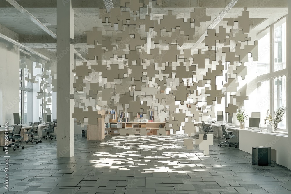 Poster an office space with floating, disconnected puzzle pieces, representing the fragmented and confusing